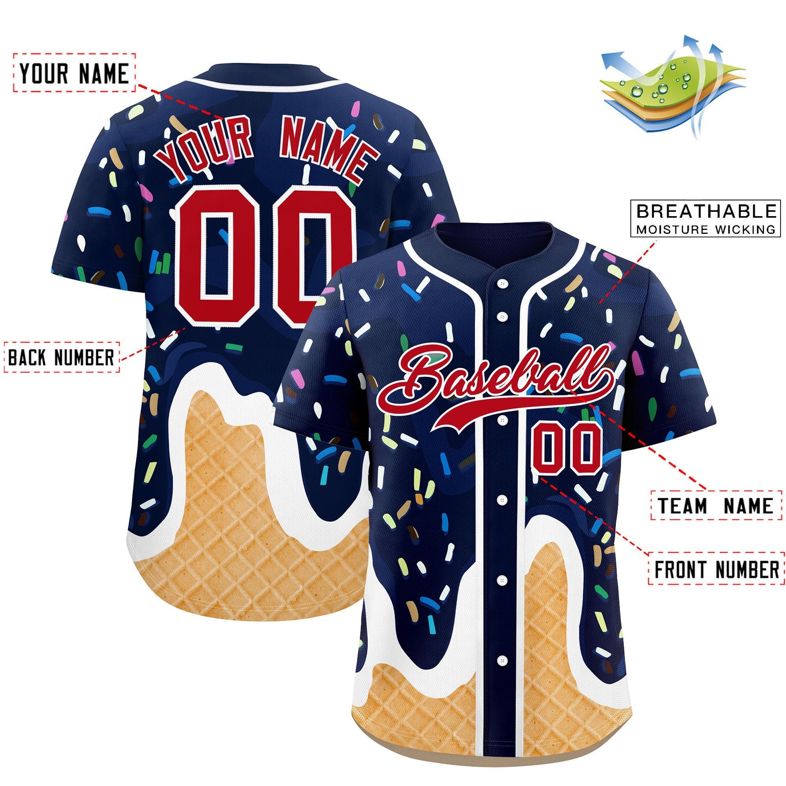 Custom Navy Ice Cream Cone Graffiti Pattern Fashion Authentic Baseball Jersey