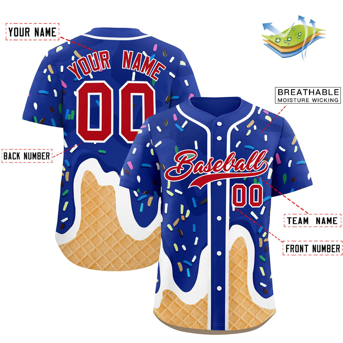 Custom Royal Ice Cream Cone Graffiti Pattern Fashion Authentic Baseball Jersey