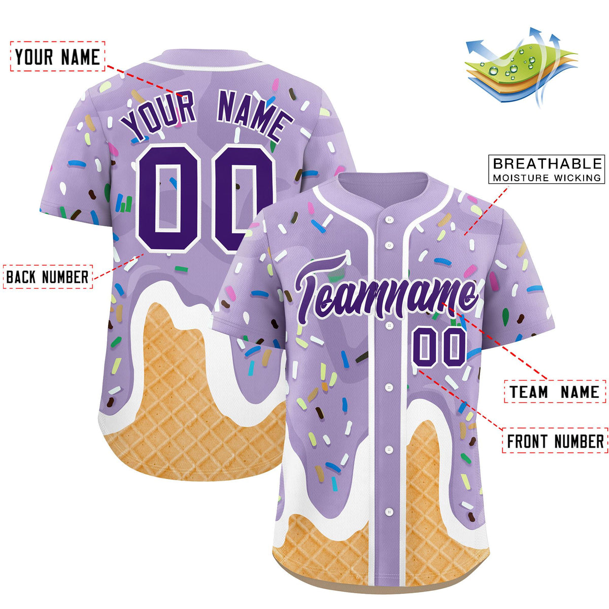 Custom Light Purple Ice Cream Cone Graffiti Pattern Fashion Authentic Baseball Jersey