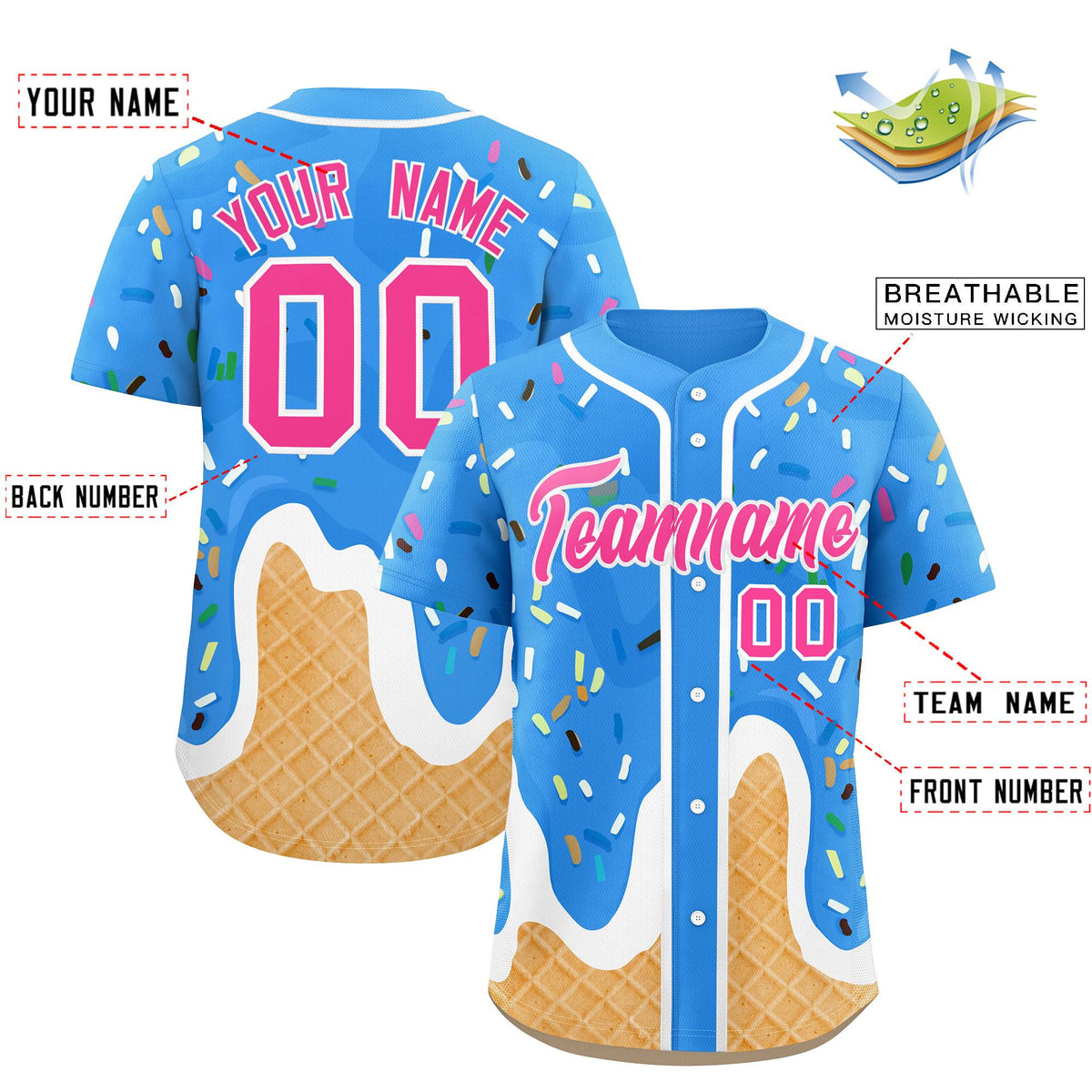 Custom Powder Blue Ice Cream Cone Graffiti Pattern Fashion Authentic Baseball Jersey