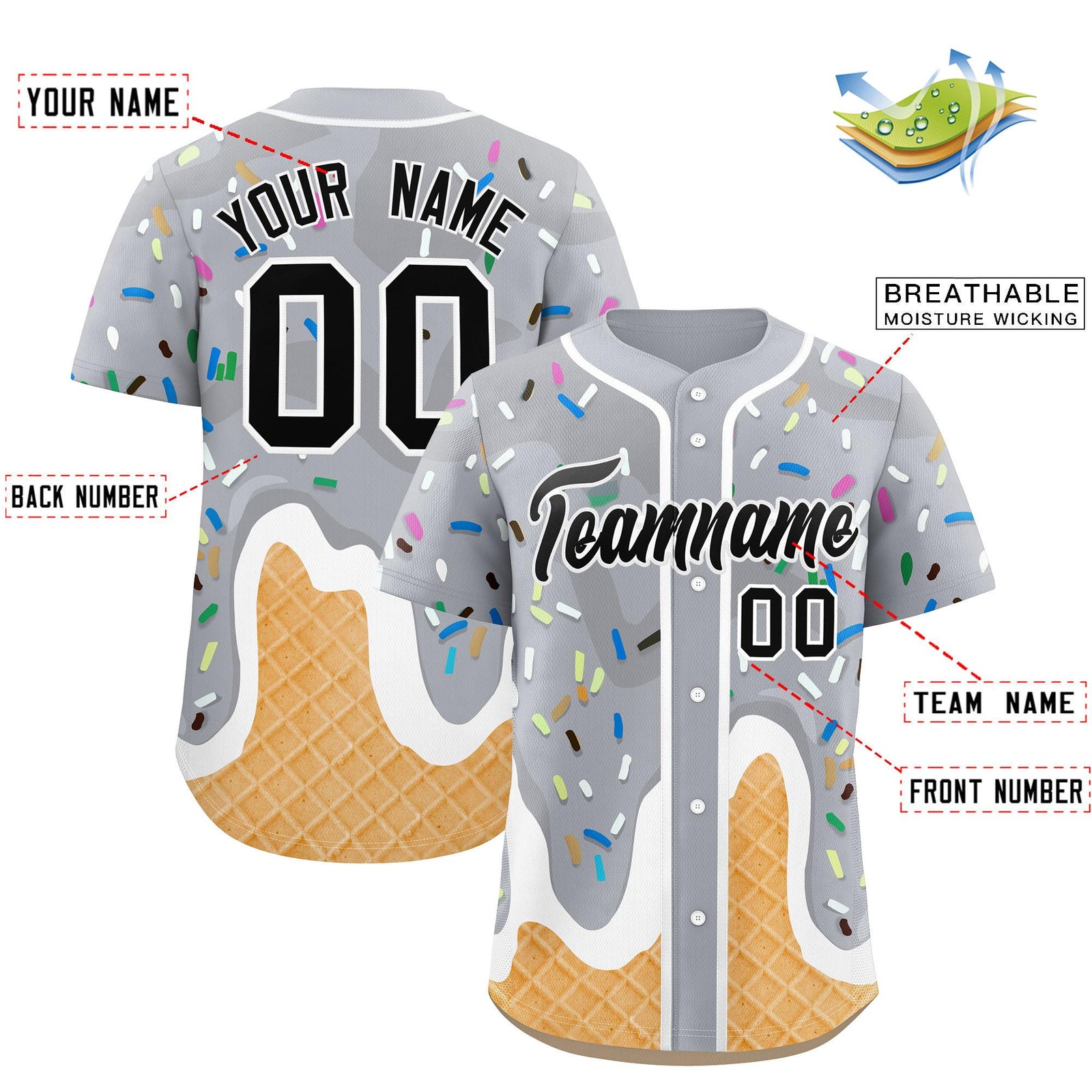 Custom Gray Ice Cream Cone Graffiti Pattern Fashion Authentic Baseball Jersey