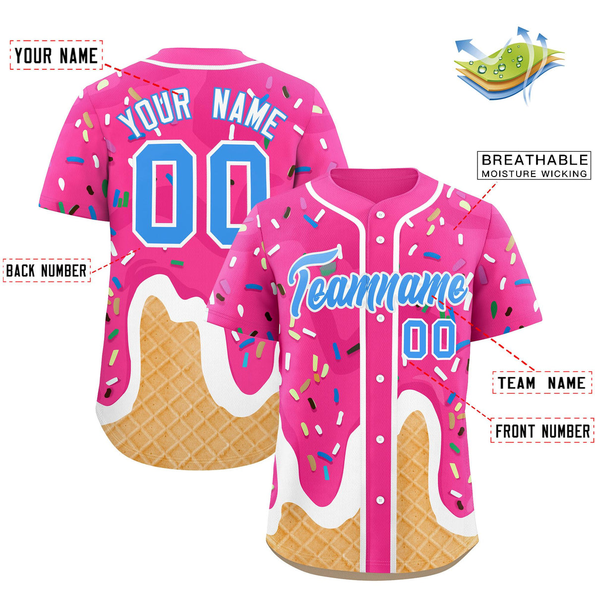 Custom Pink Ice Cream Cone Graffiti Pattern Fashion Authentic Baseball Jersey