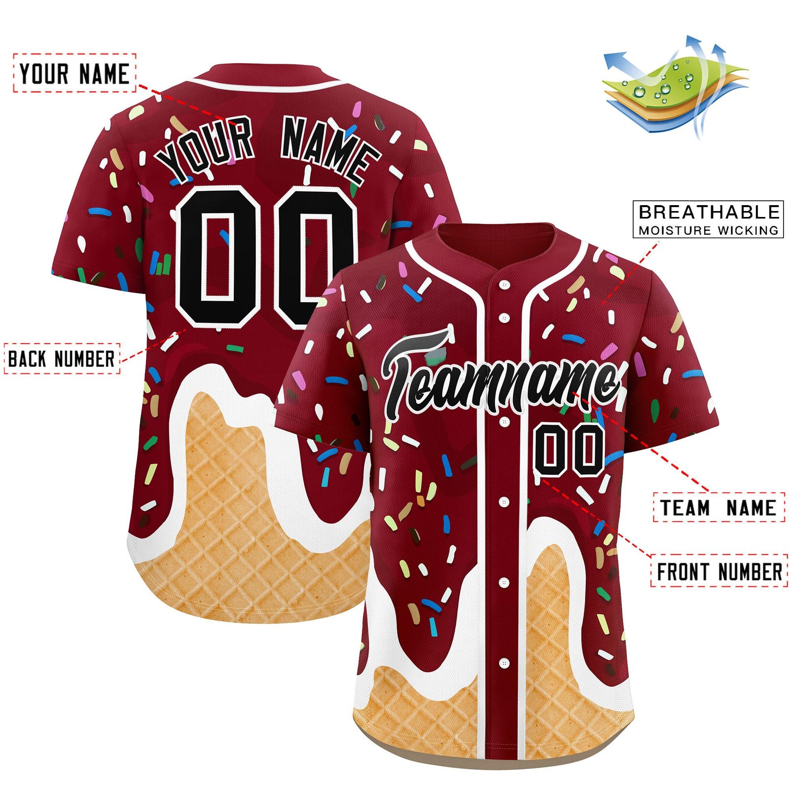 Custom Crimson Ice Cream Cone Graffiti Pattern Fashion Authentic Baseball Jersey