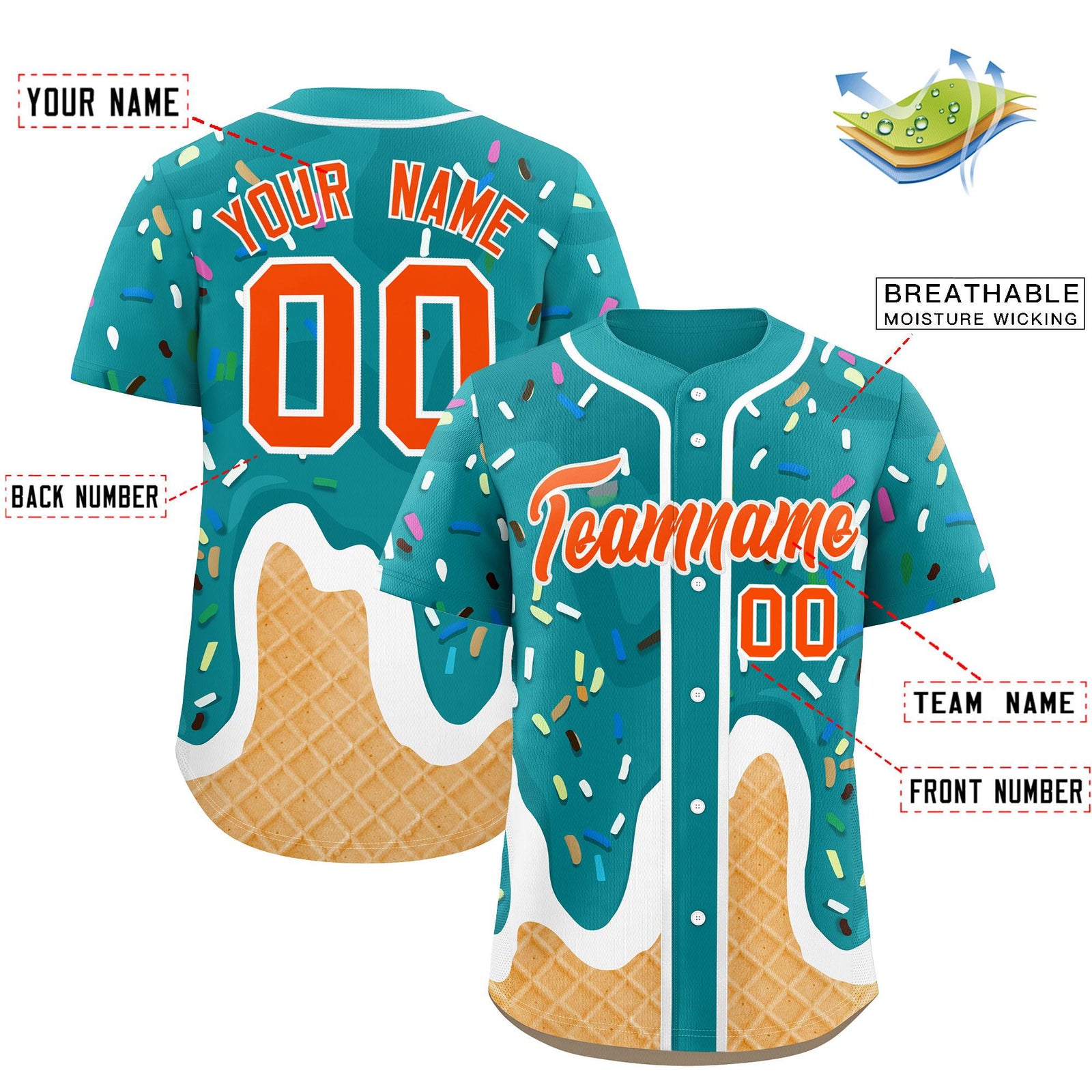 Custom Aqua Ice Cream Cone Graffiti Pattern Fashion Authentic Baseball Jersey
