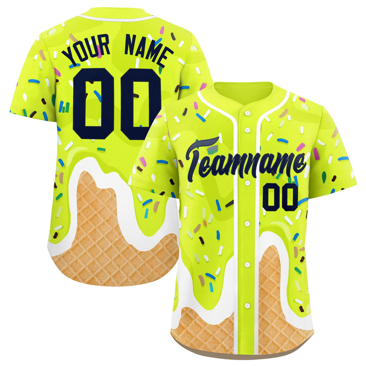 Custom Fluorescent Green Ice Cream Cone Graffiti Pattern Fashion Authentic Baseball Jersey