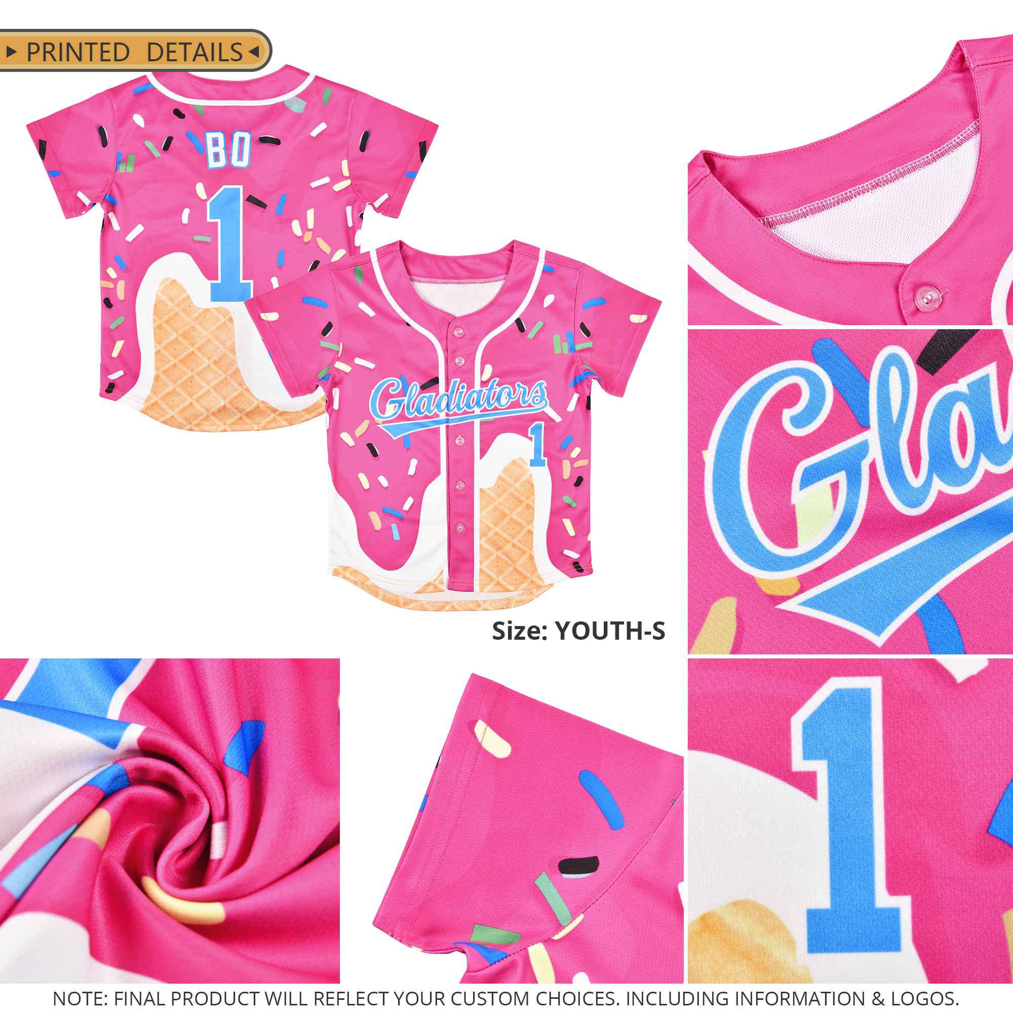 Custom Pink Ice Cream Cone Graffiti Pattern Fashion Authentic Baseball Jersey