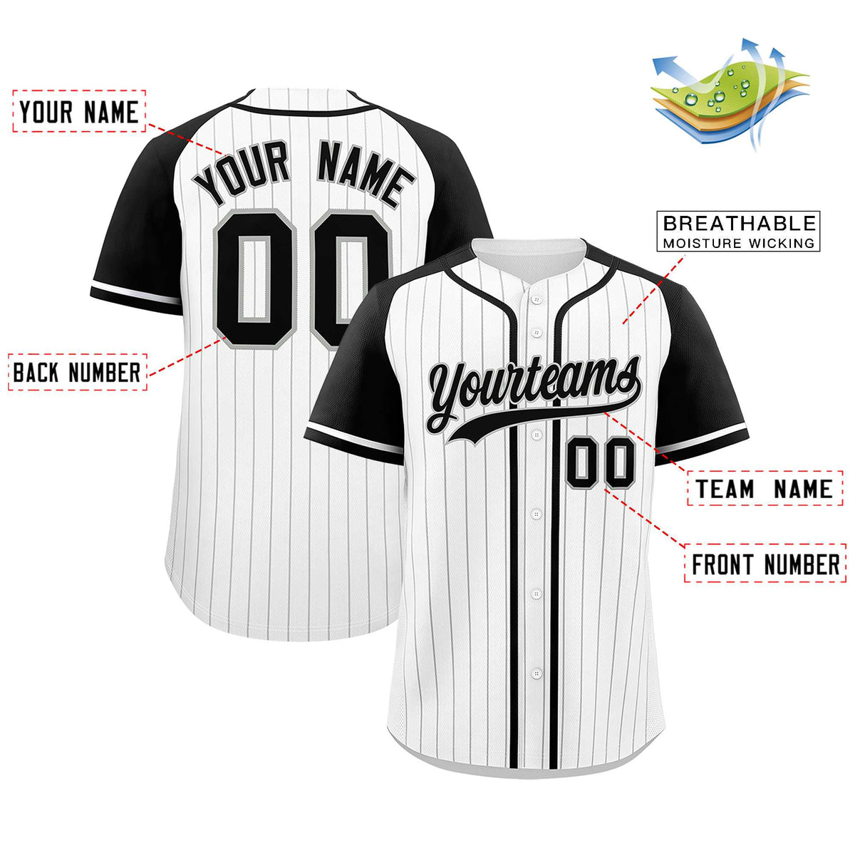 Custom White Black Stripe Fashion Raglan Sleeves Authentic Baseball Jersey