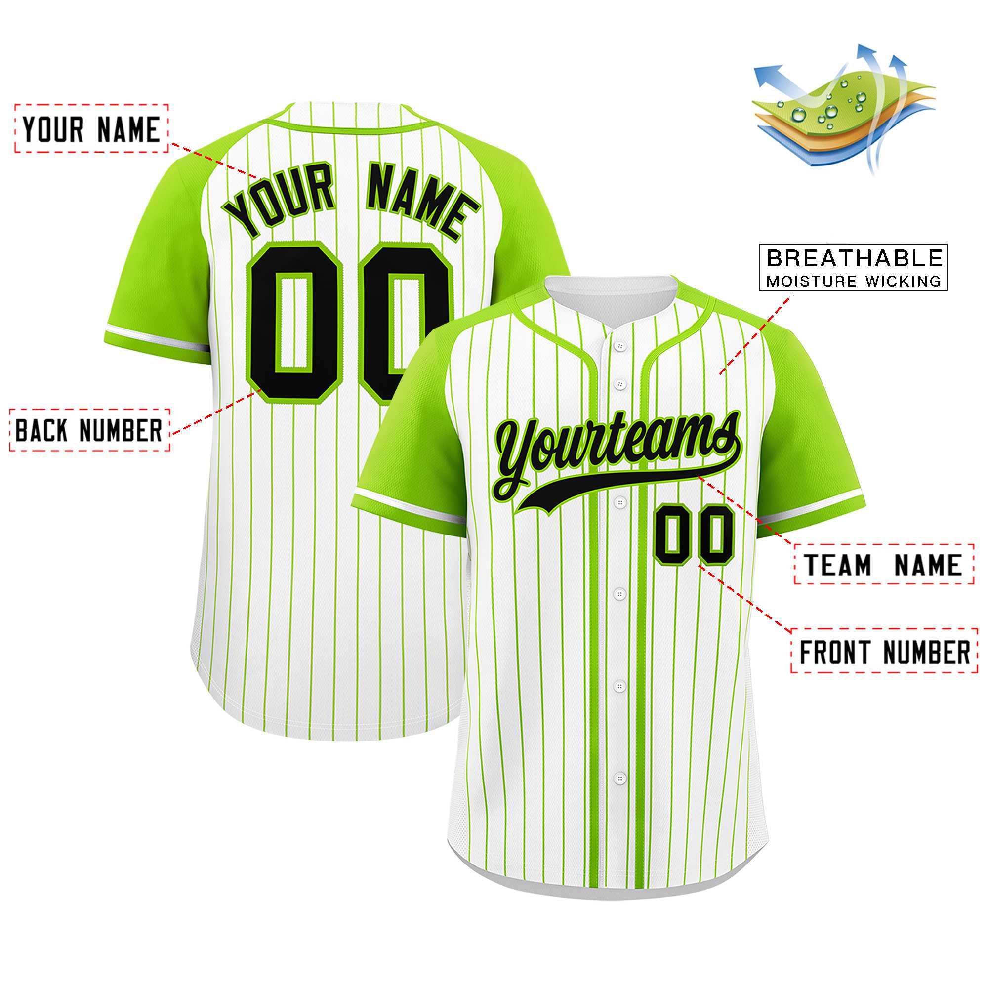 Custom White Neon Green Stripe Fashion Raglan Sleeves Authentic Baseball Jersey