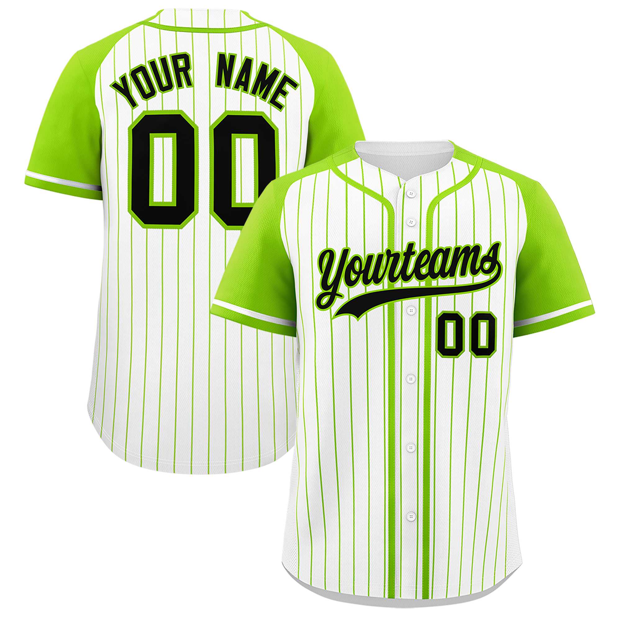Custom White Neon Green Stripe Fashion Raglan Sleeves Authentic Baseball Jersey