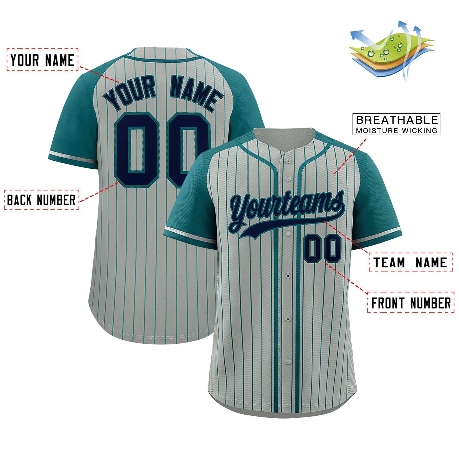 Custom Gray Aqua Stripe Fashion Raglan Sleeves Authentic Baseball Jersey