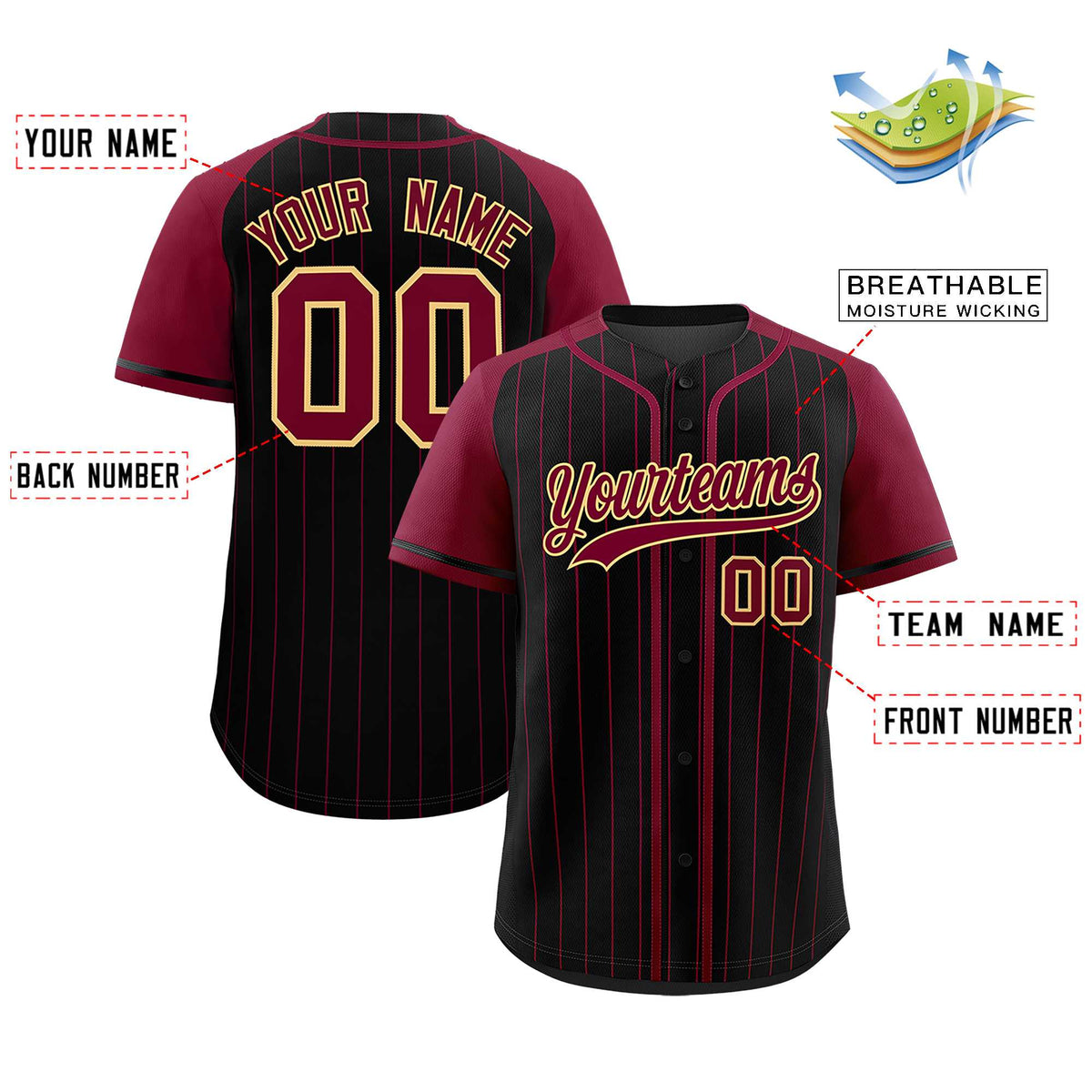 Custom Black Crimson Stripe Fashion Raglan Sleeves Authentic Baseball Jersey