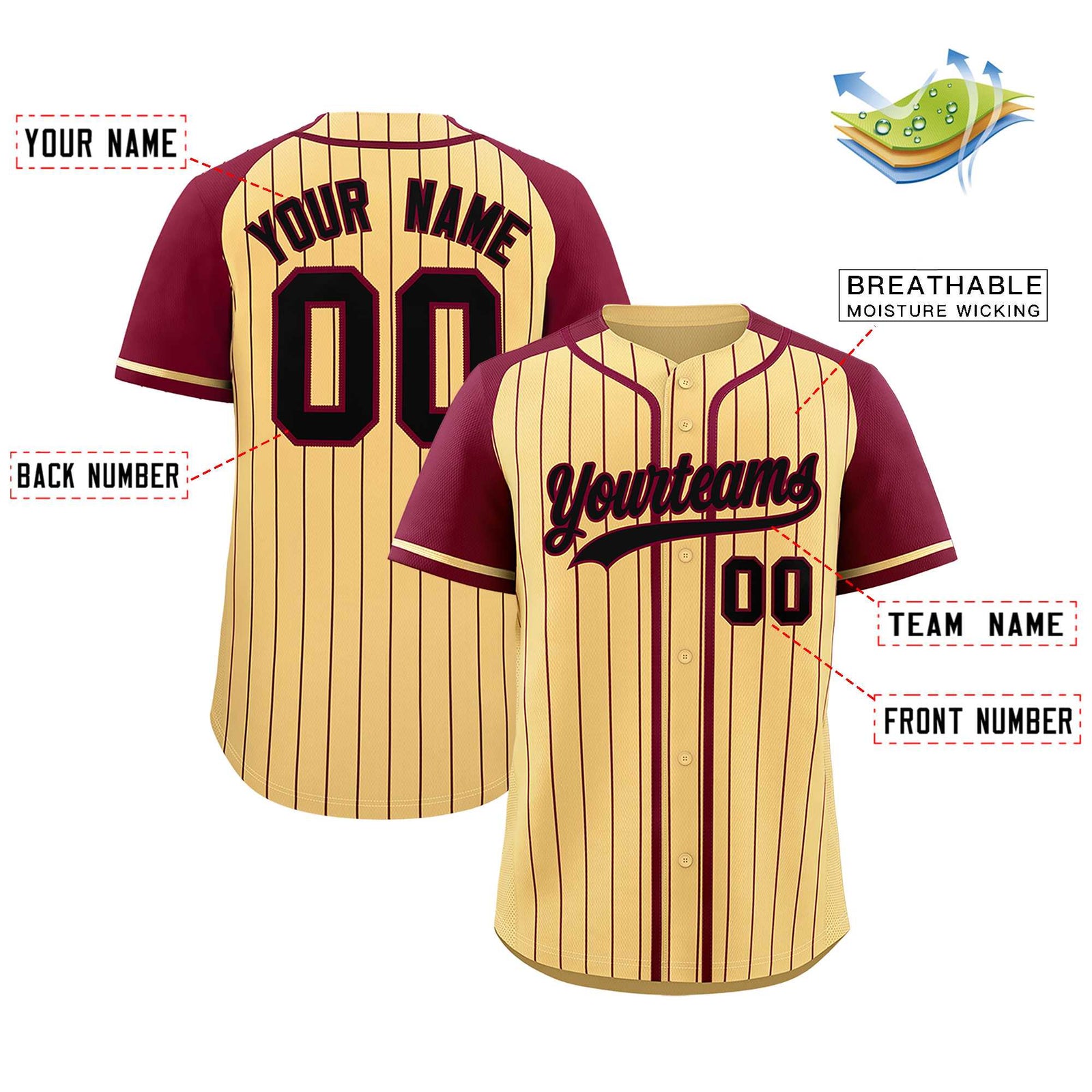 Custom Khaki Crimson Stripe Fashion Raglan Sleeves Authentic Baseball Jersey