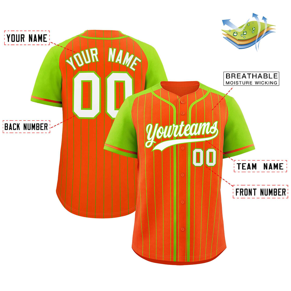 Custom Orange Neon Green Stripe Fashion Raglan Sleeves Authentic Baseball Jersey