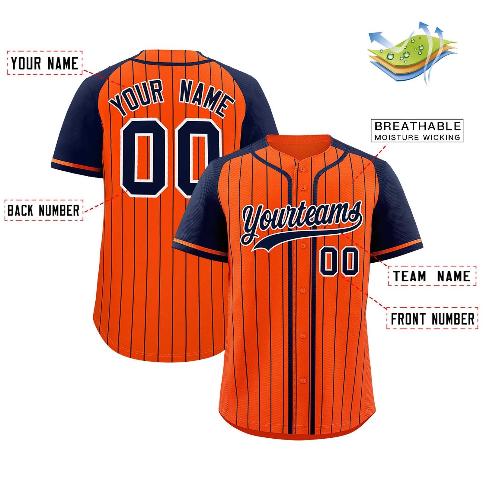 Custom Orange Navy Stripe Fashion Raglan Sleeves Authentic Baseball Jersey