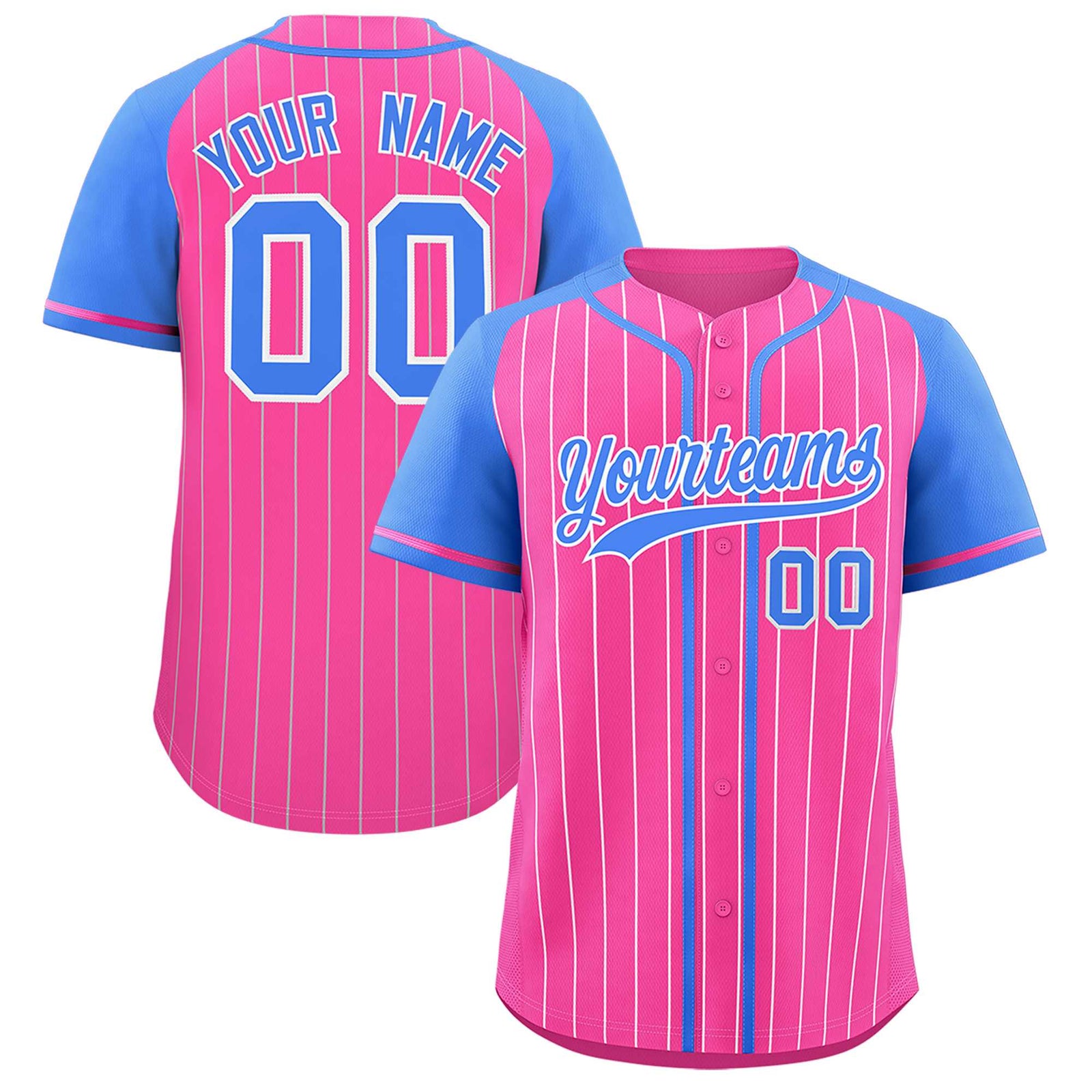 Custom Pink Powder Blue Stripe Fashion Raglan Sleeves Authentic Baseball Jersey