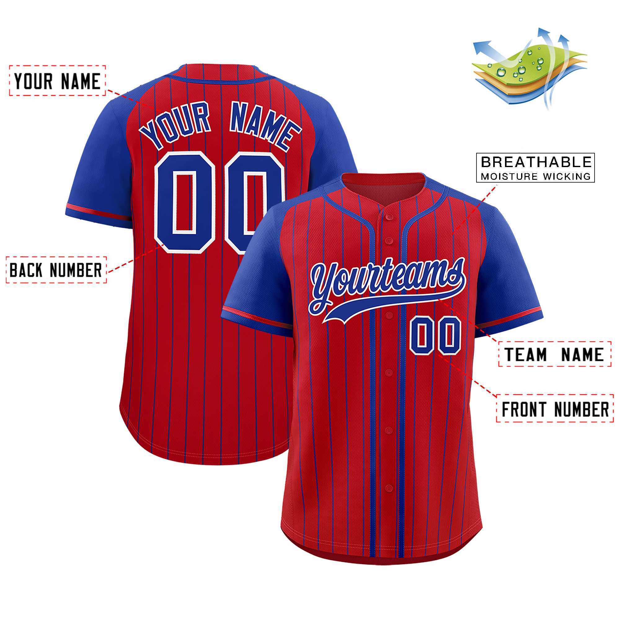 Custom Red Royal Stripe Fashion Raglan Sleeves Authentic Baseball Jersey