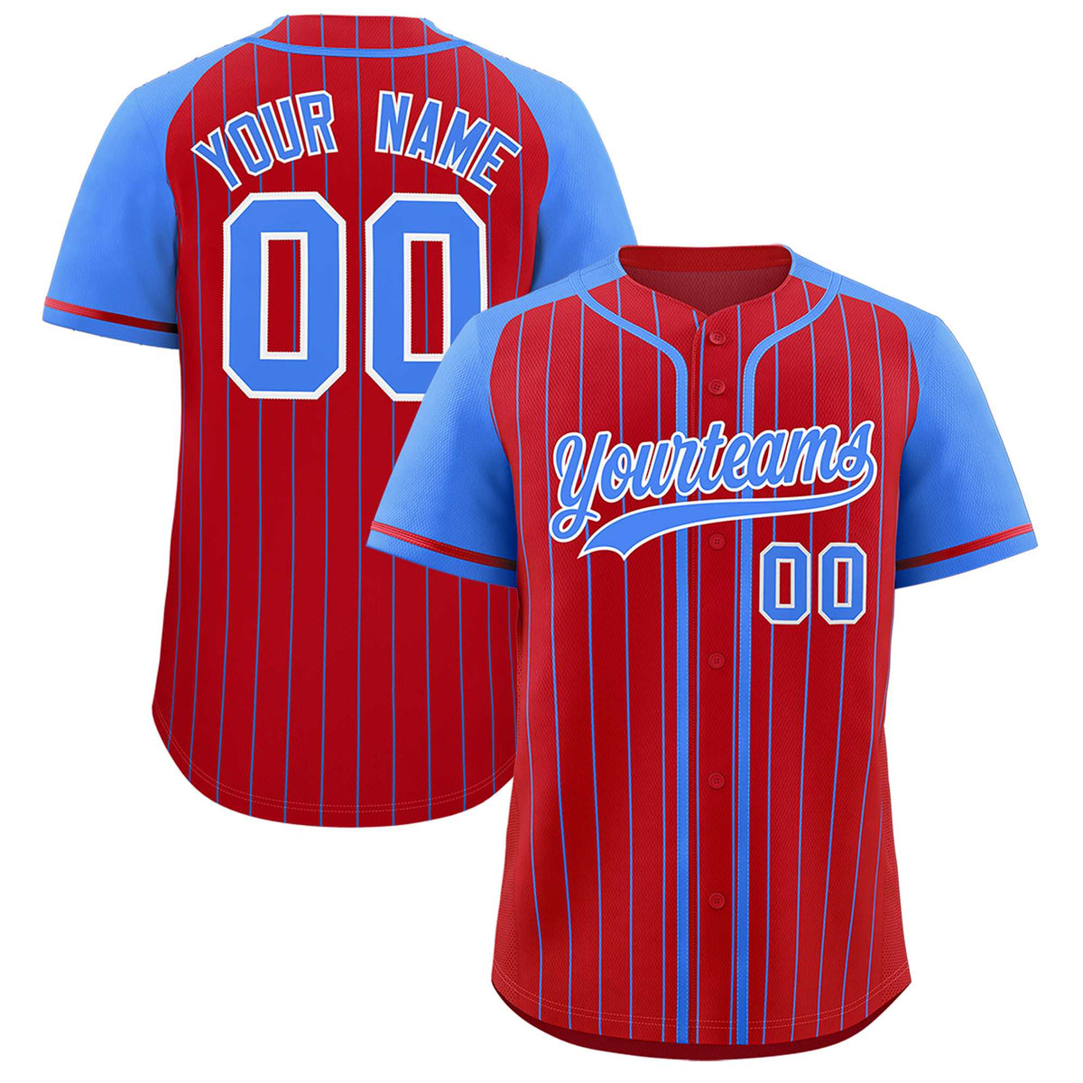 Custom Red Powder Blue Stripe Fashion Raglan Sleeves Authentic Baseball Jersey