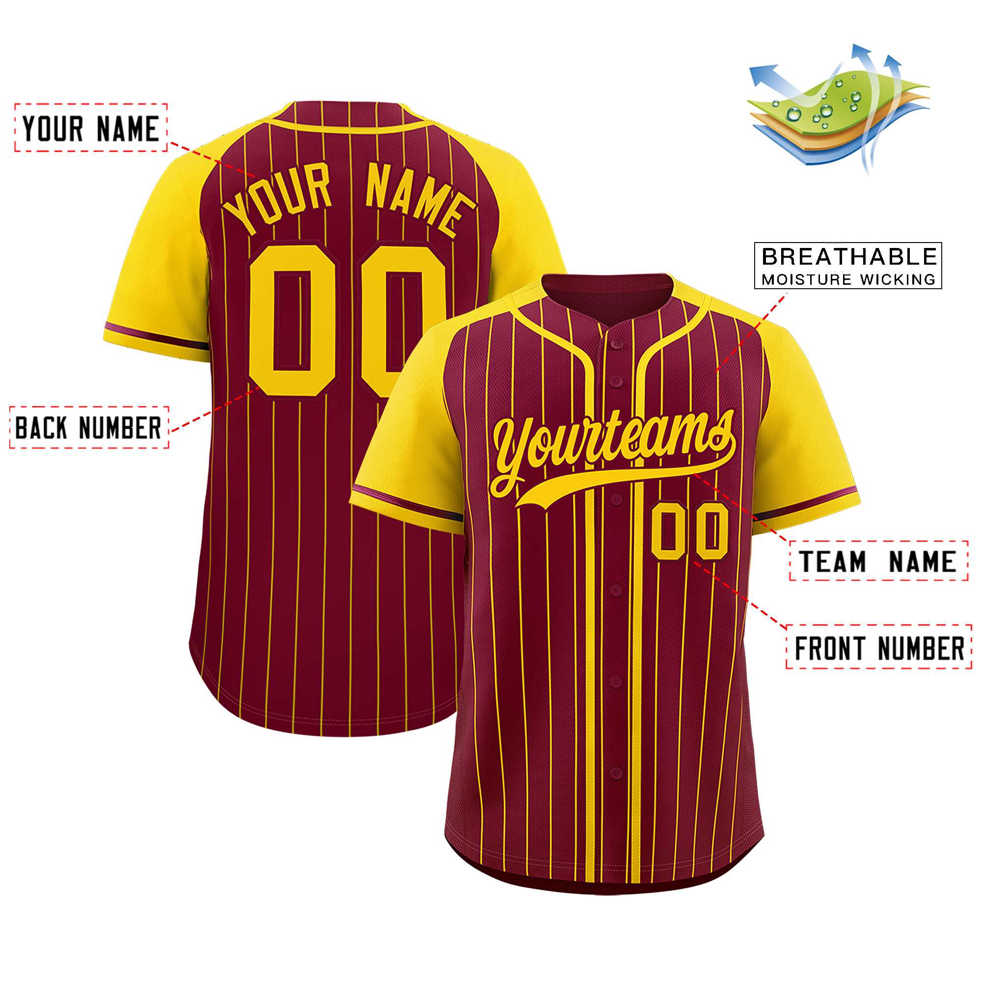 Custom Crimson Gold Stripe Fashion Raglan Sleeves Authentic Baseball Jersey