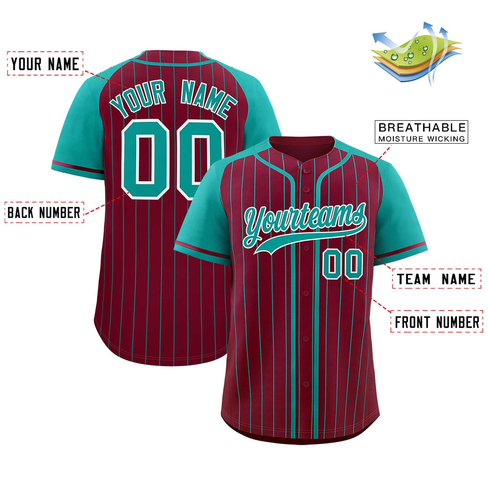 Custom Crimson Aqua Stripe Fashion Raglan Sleeves Authentic Baseball Jersey