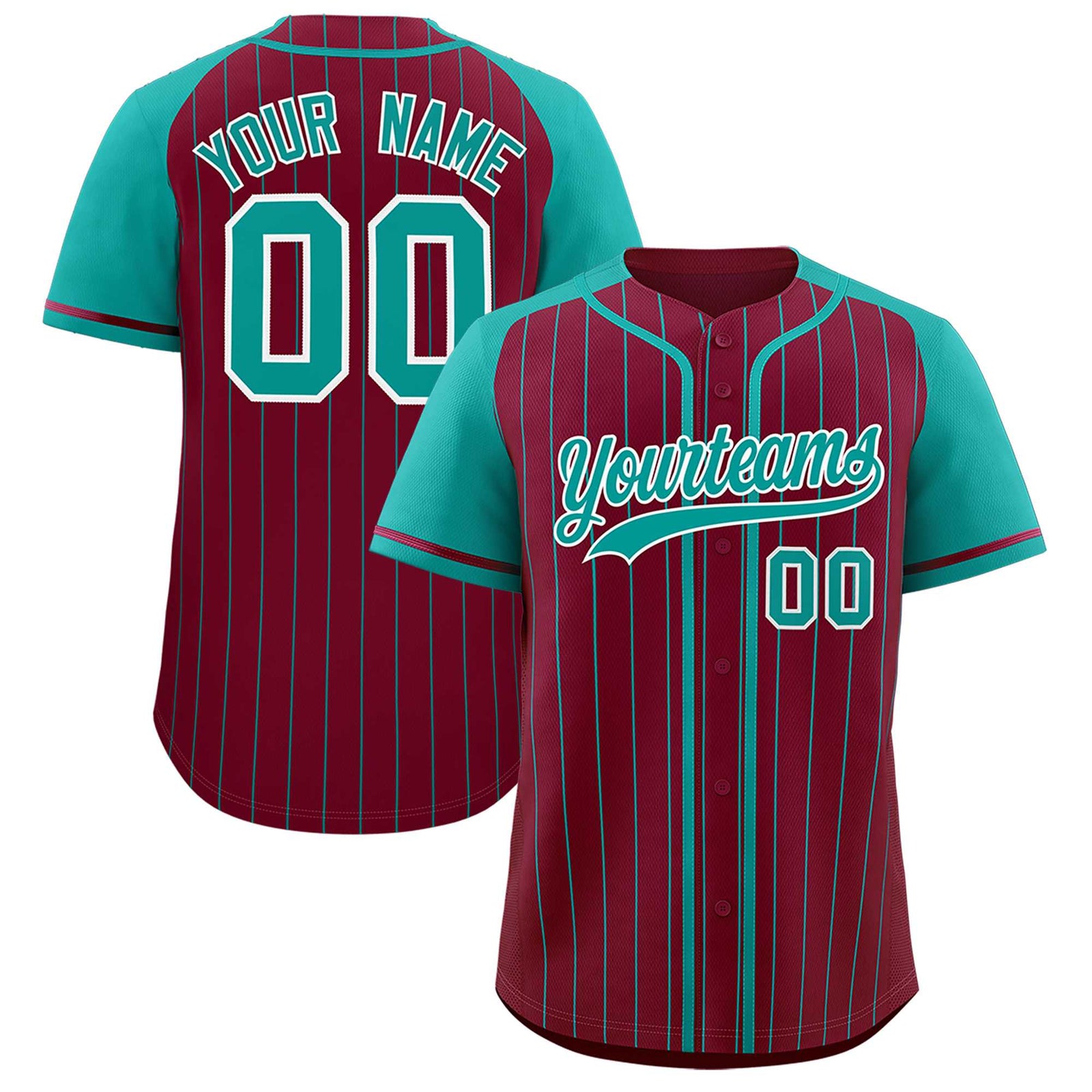 Custom Crimson Aqua Stripe Fashion Raglan Sleeves Authentic Baseball Jersey