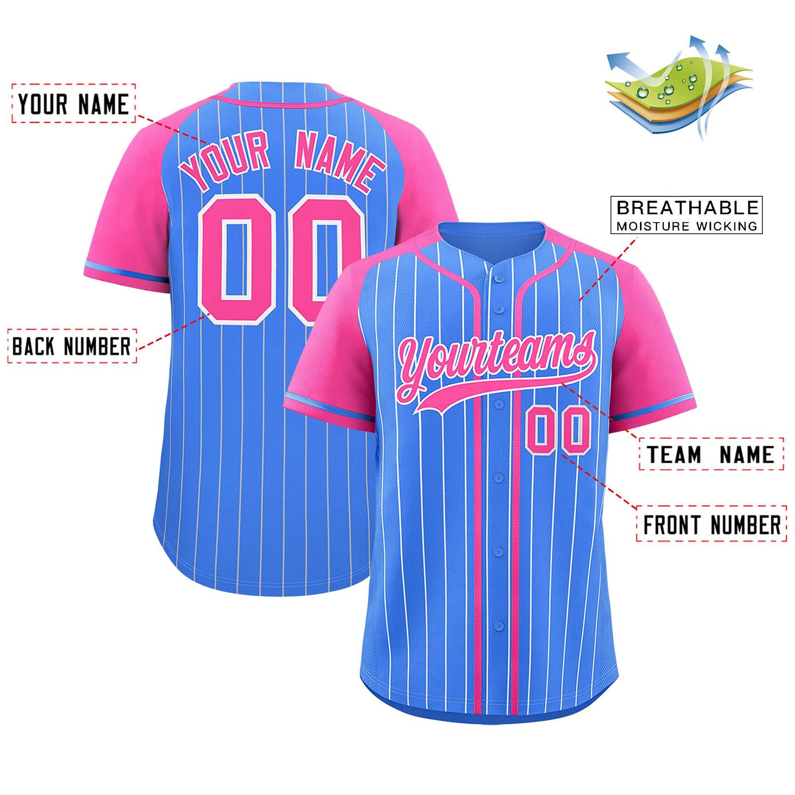 Custom Powder Blue Pink Stripe Fashion Raglan Sleeves Authentic Baseball Jersey