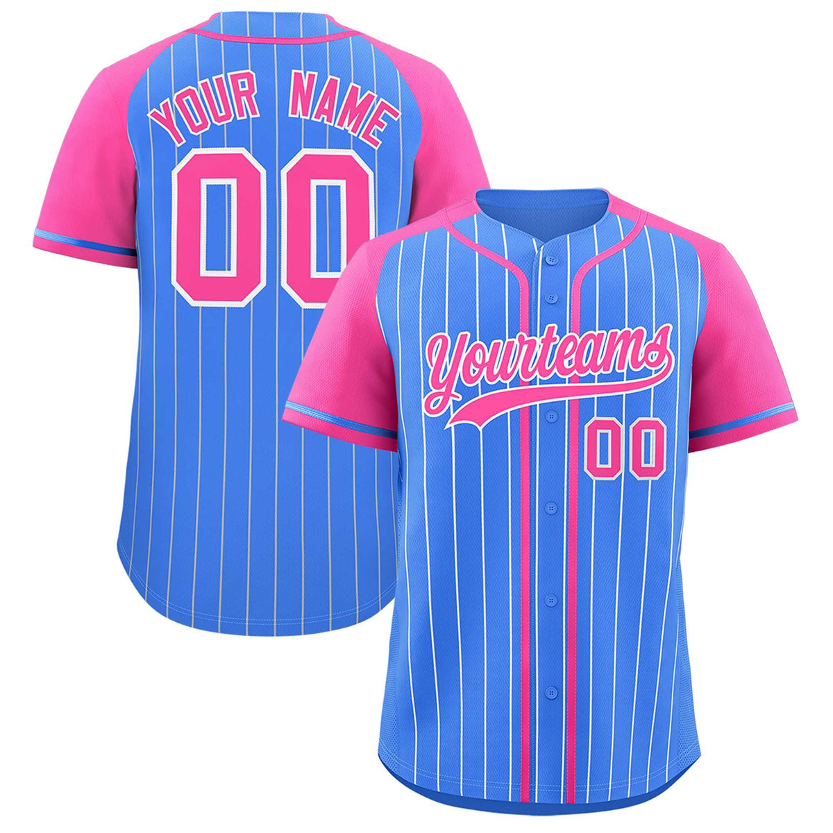 Custom Powder Blue Pink Stripe Fashion Raglan Sleeves Authentic Baseball Jersey