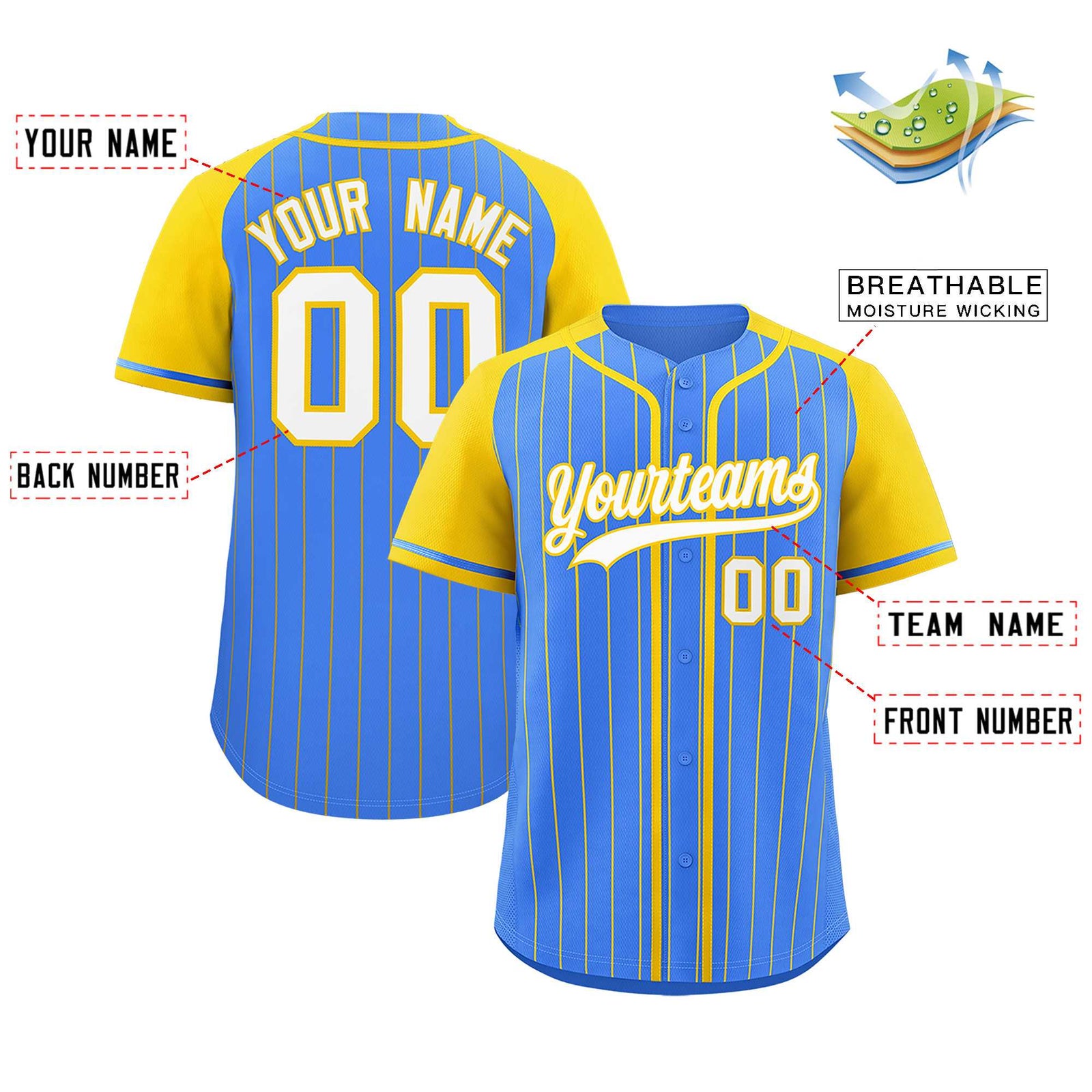 Custom Powder Blue Gold Stripe Fashion Raglan Sleeves Authentic Baseball Jersey