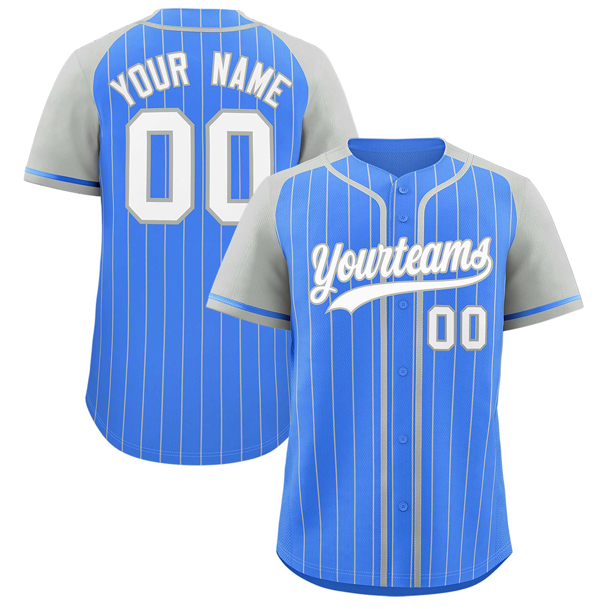 Custom Powder Blue Gray Stripe Fashion Raglan Sleeves Authentic Baseball Jersey