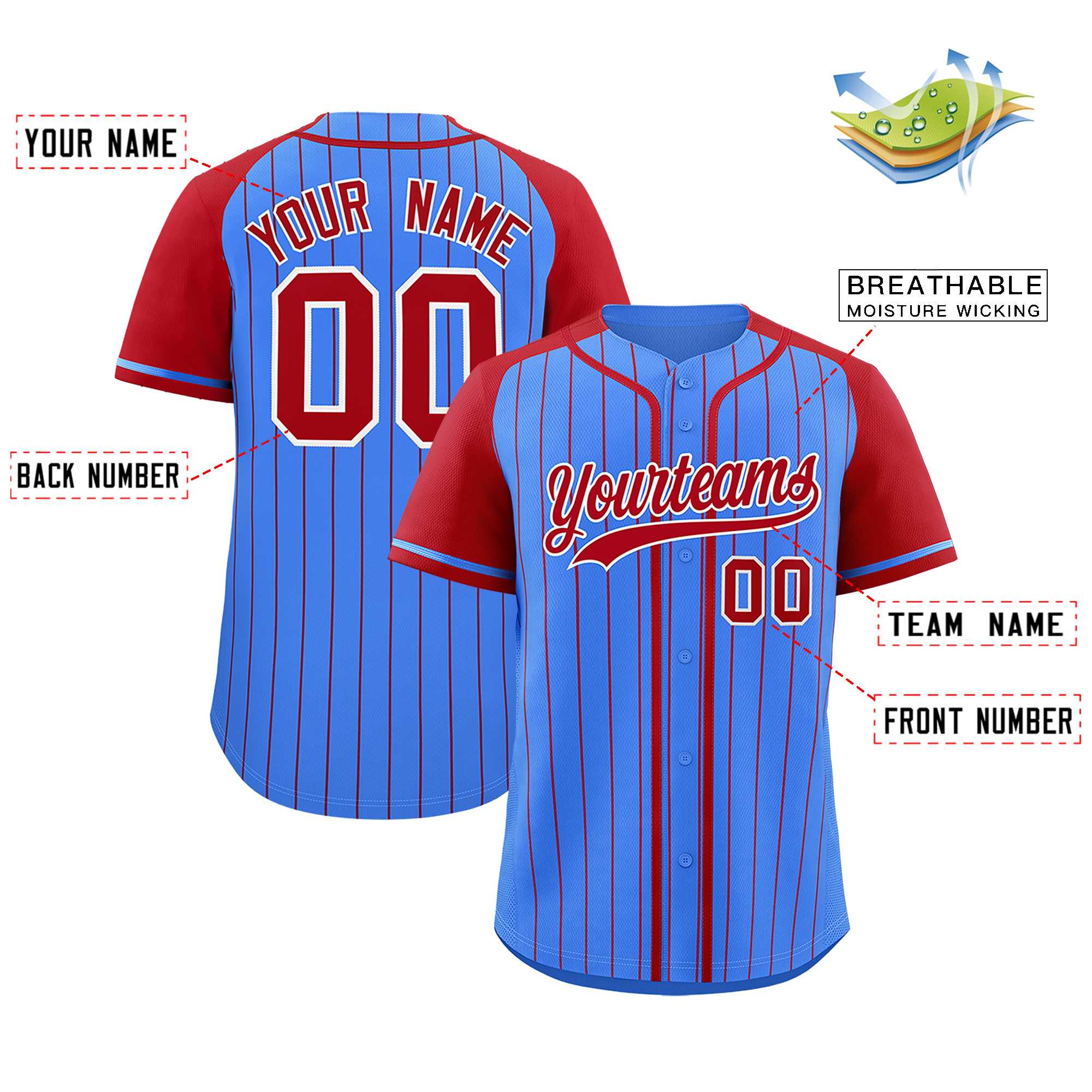 Custom Powder Blue Red Stripe Fashion Raglan Sleeves Authentic Baseball Jersey