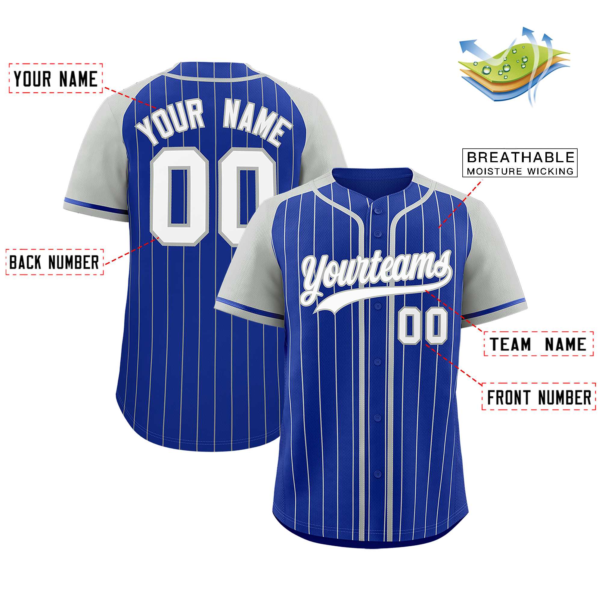 Custom Royal Gray Stripe Fashion Raglan Sleeves Authentic Baseball Jersey