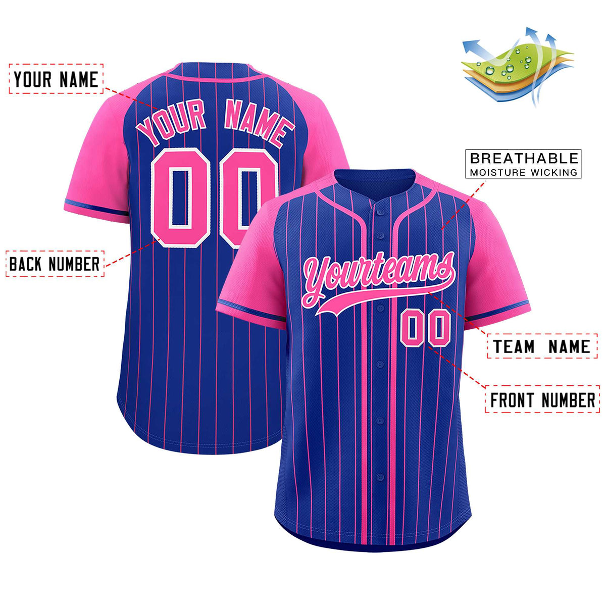 Custom Royal Pink Stripe Fashion Raglan Sleeves Authentic Baseball Jersey