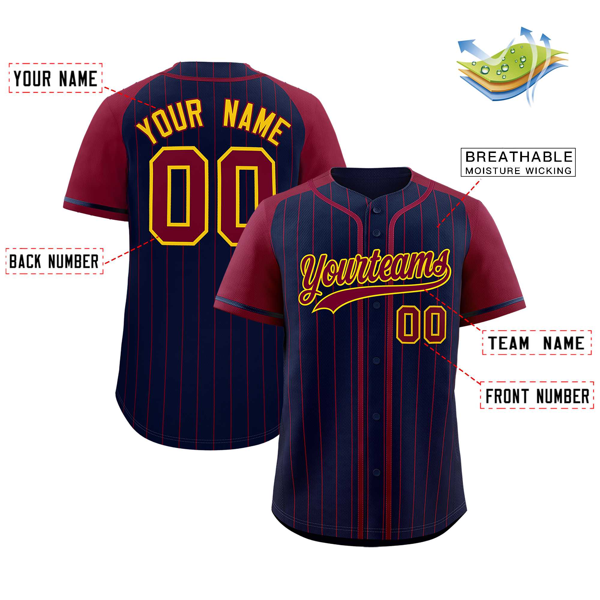 Custom Navy Crimson Stripe Fashion Raglan Sleeves Authentic Baseball Jersey
