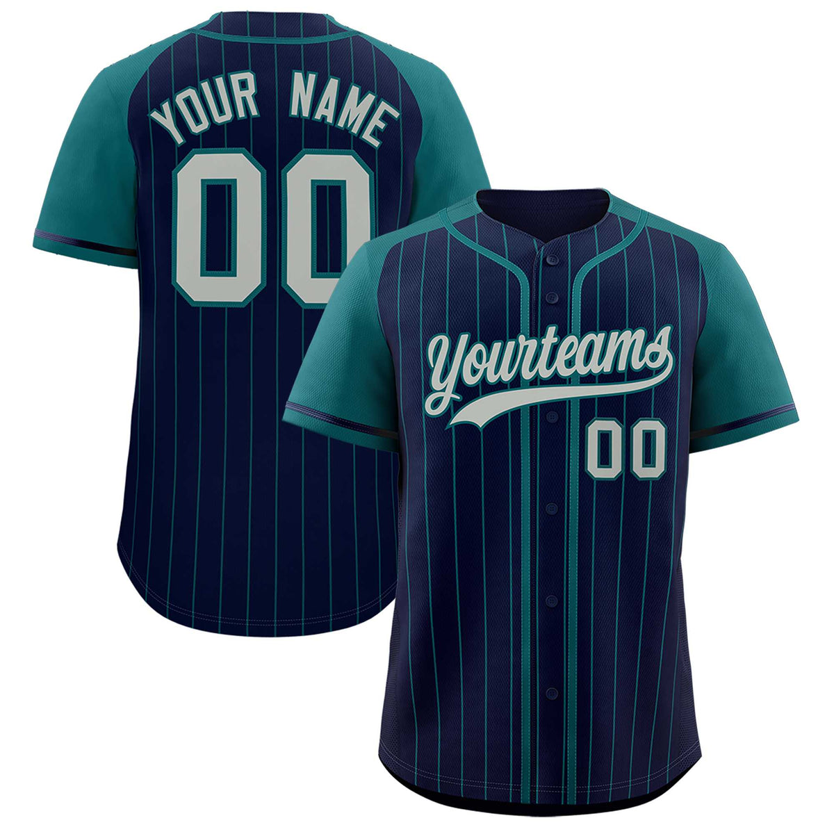 Custom Navy Aqua Stripe Fashion Raglan Sleeves Authentic Baseball Jersey