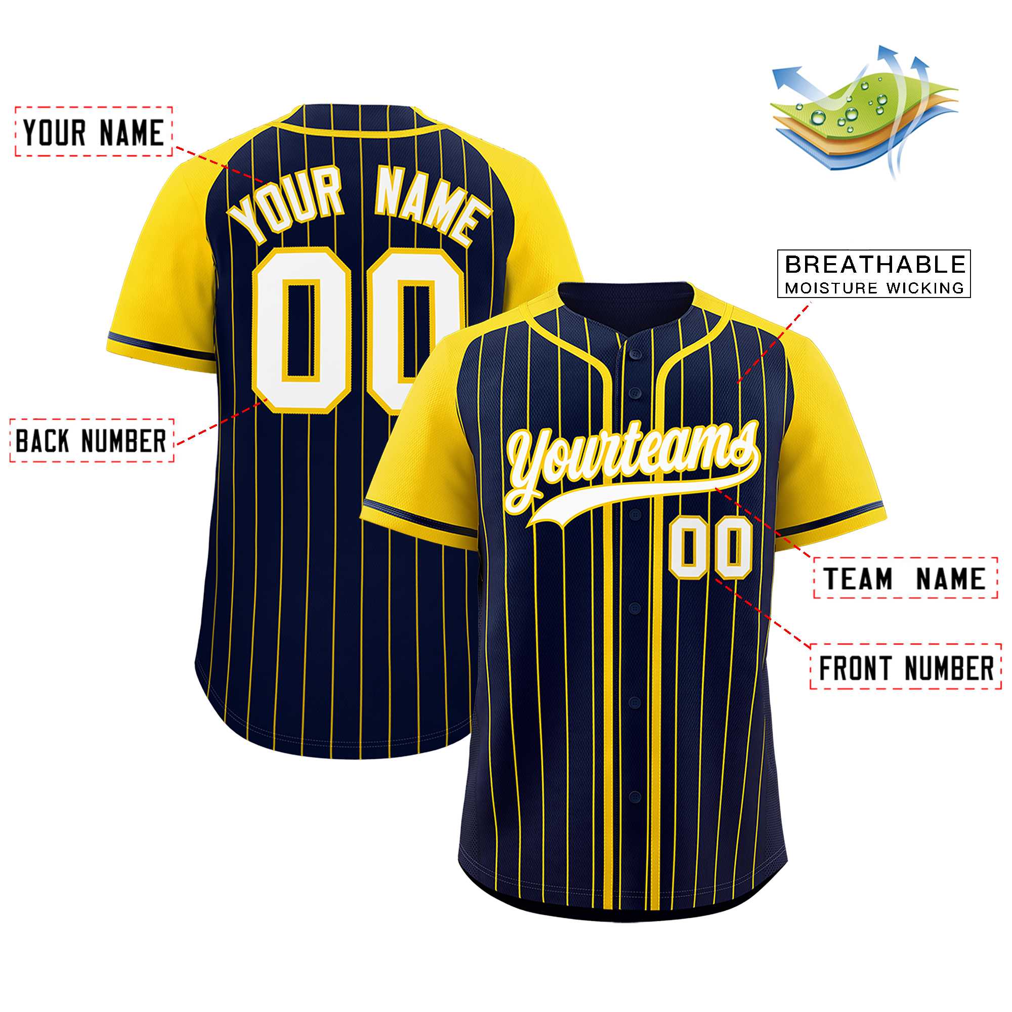 Custom Navy Gold Stripe Fashion Raglan Sleeves Authentic Baseball Jersey