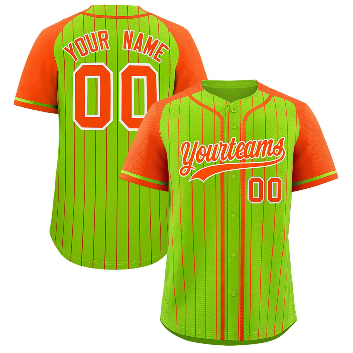 Custom Neon Green Orange Stripe Fashion Raglan Sleeves Authentic Baseball Jersey