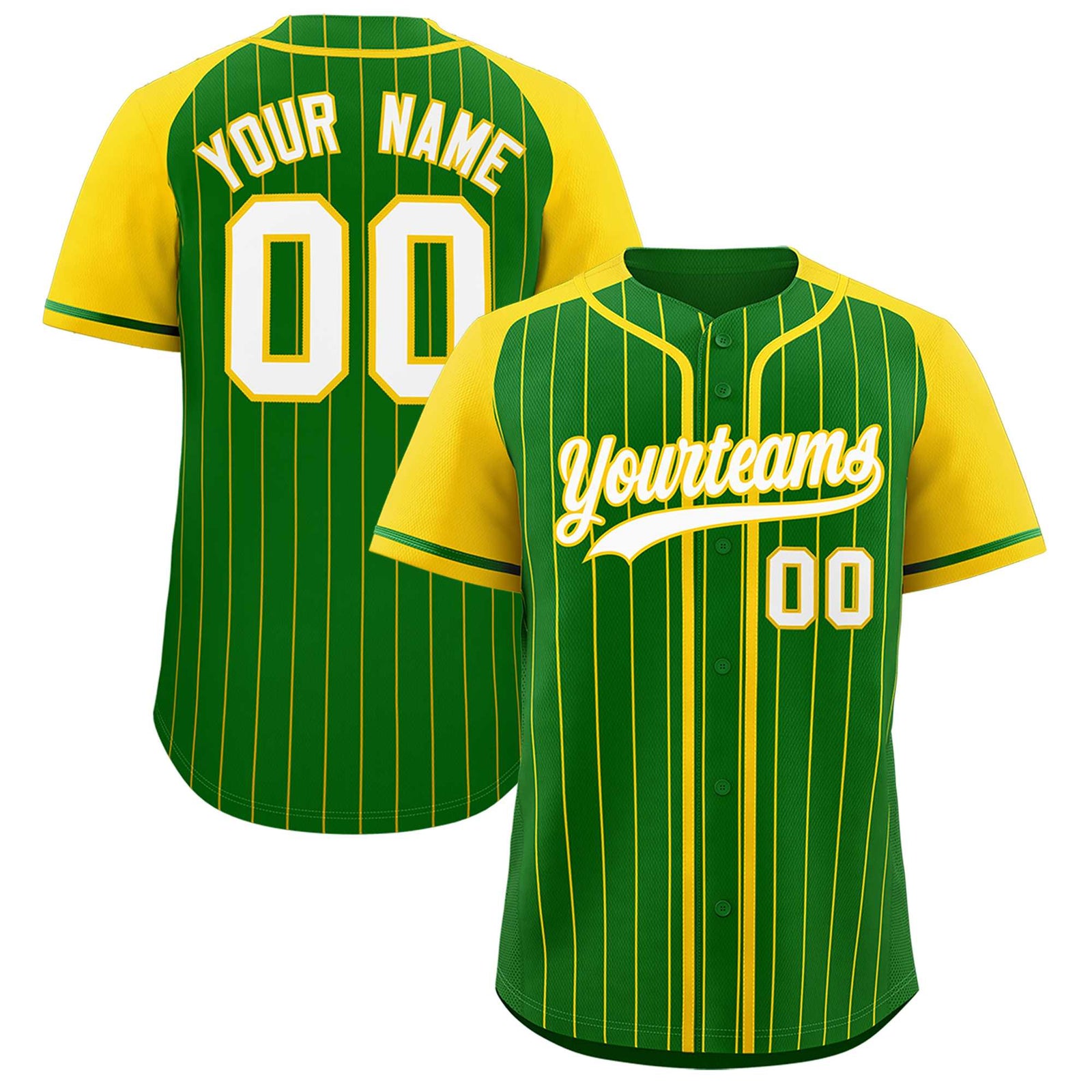 Custom Kelly Green Gold Stripe Fashion Raglan Sleeves Authentic Baseball Jersey