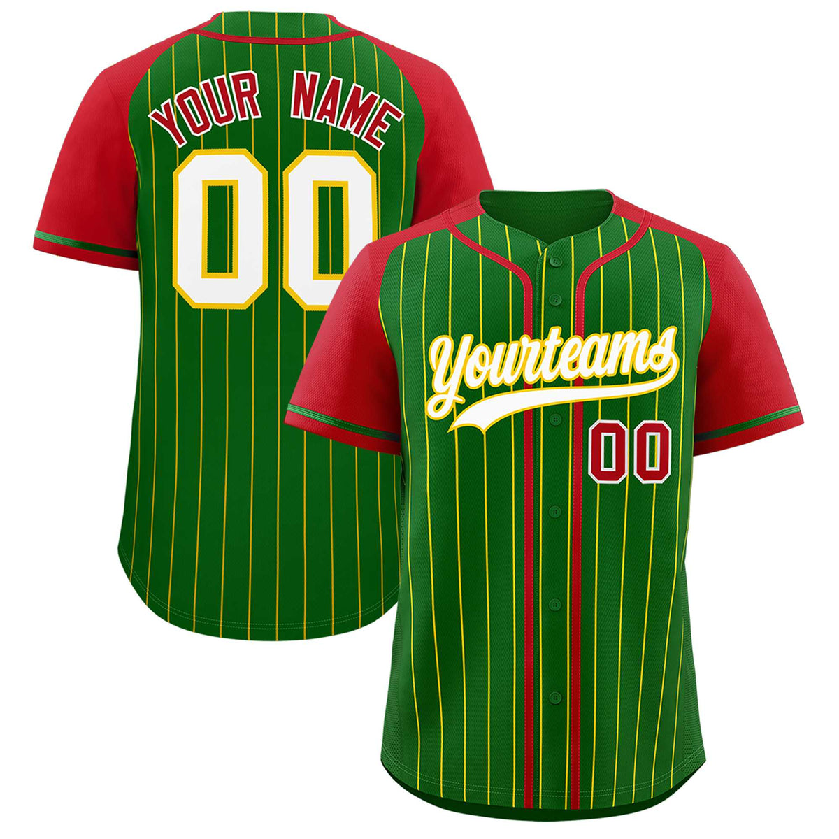 Custom Kelly Green Red Stripe Fashion Raglan Sleeves Authentic Baseball Jersey