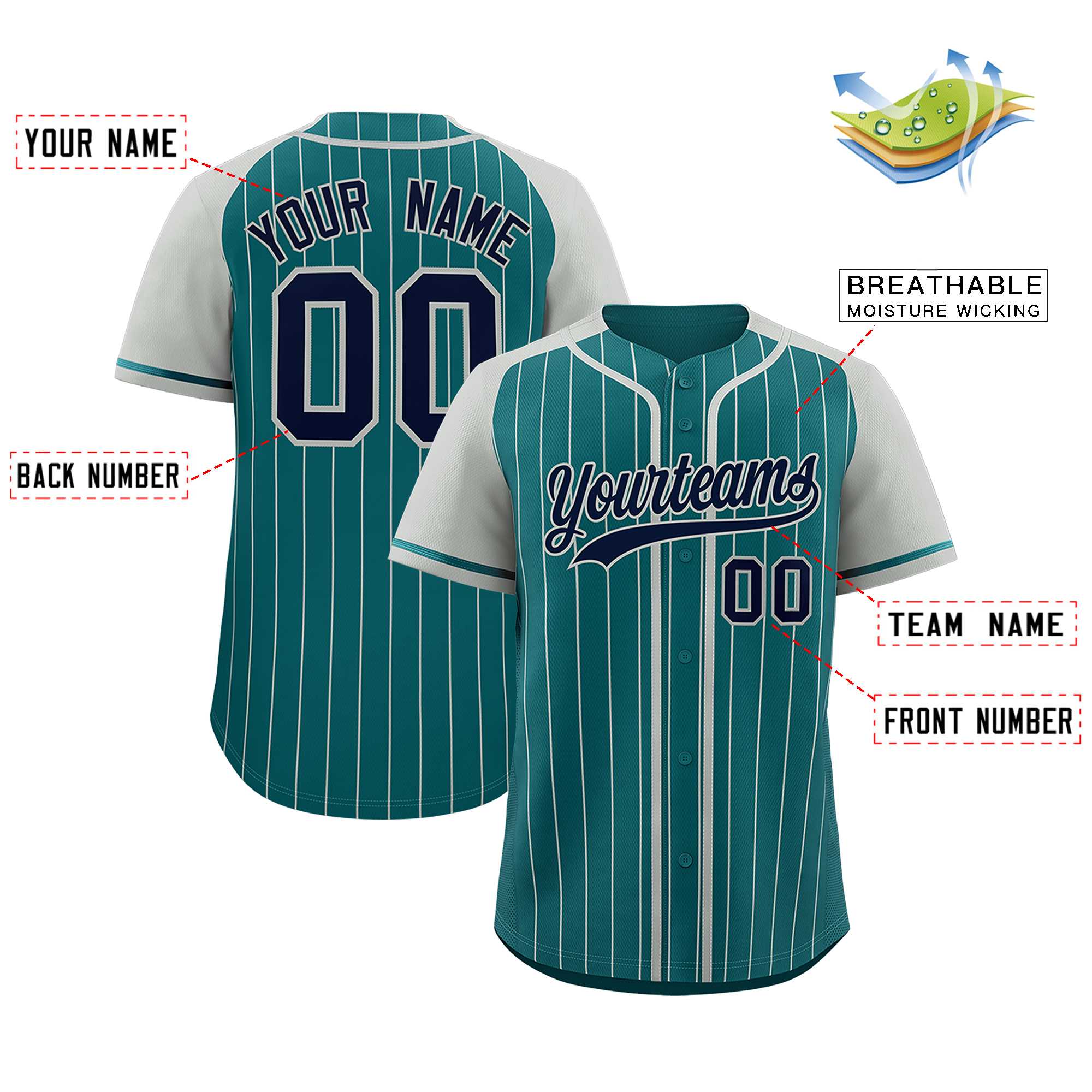 Custom Aqua Gray Stripe Fashion Raglan Sleeves Authentic Baseball Jersey