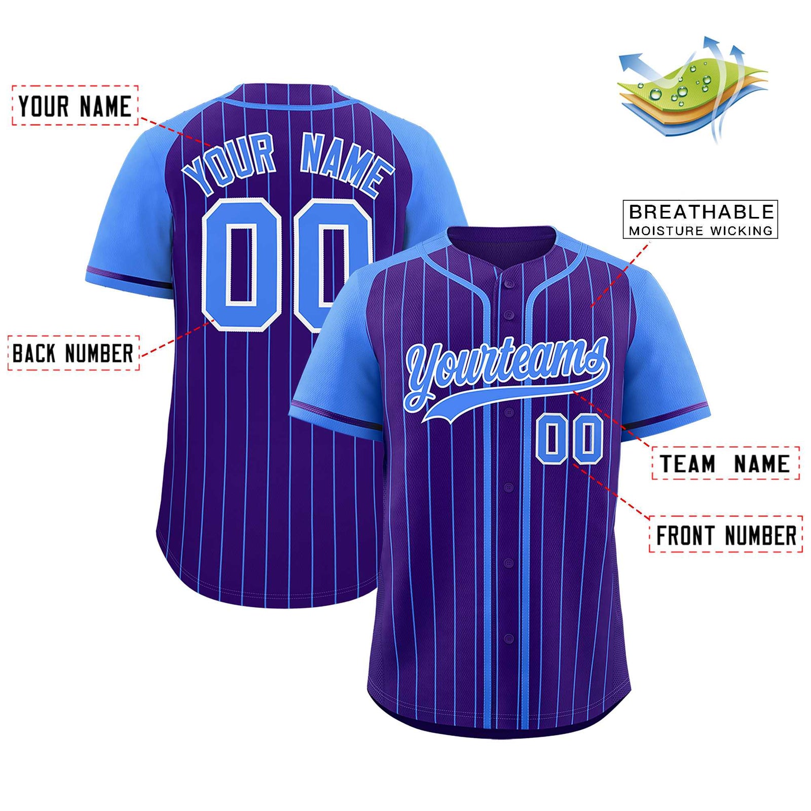 Custom Purple Powder Blue Stripe Fashion Raglan Sleeves Authentic Baseball Jersey