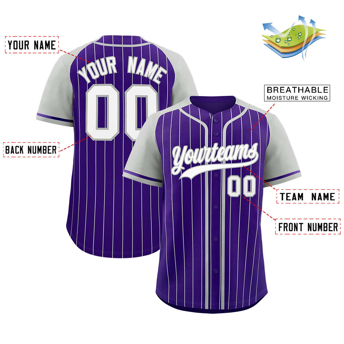 Custom Purple Gray Stripe Fashion Raglan Sleeves Authentic Baseball Jersey