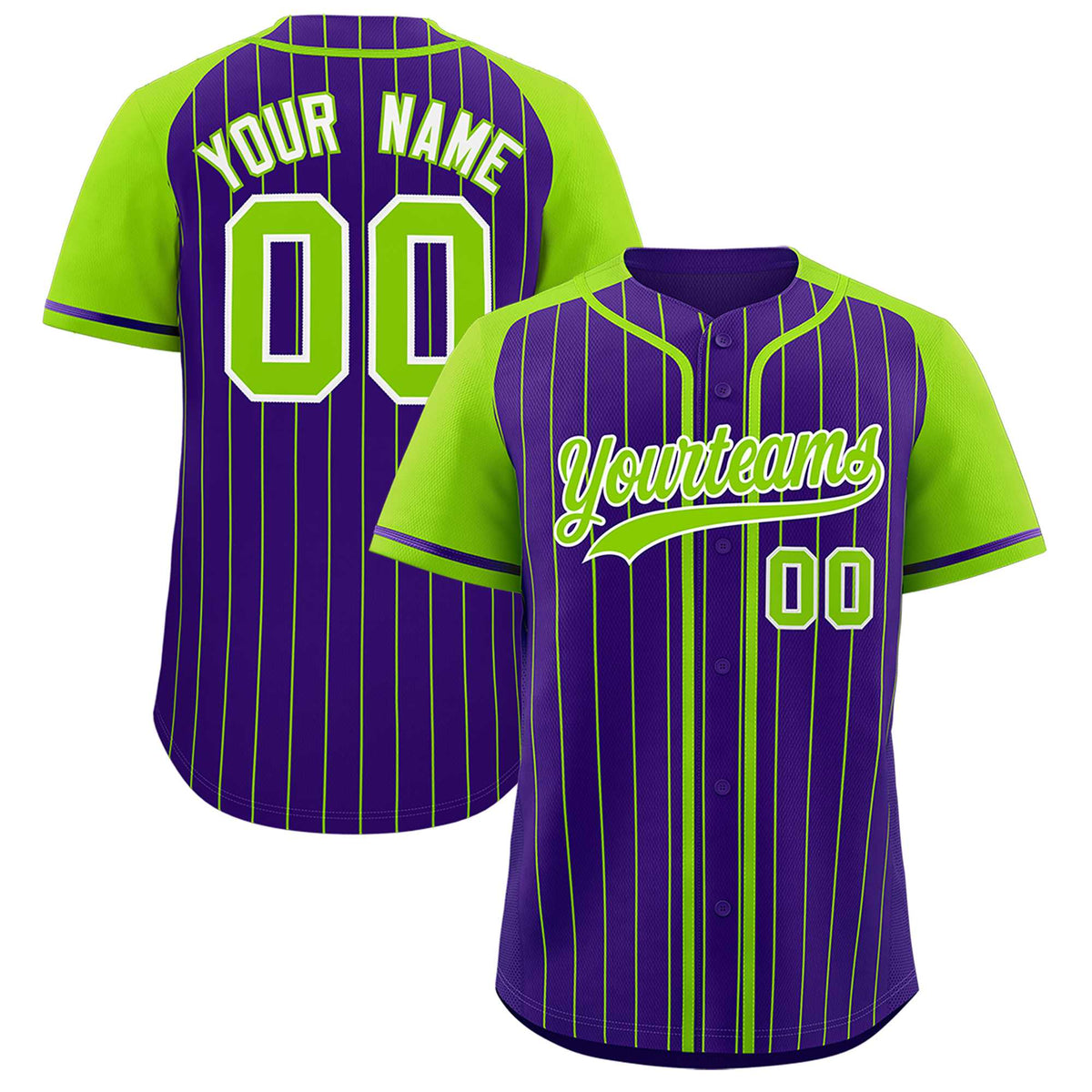 Custom Purple Neon Green Stripe Fashion Raglan Sleeves Authentic Baseball Jersey