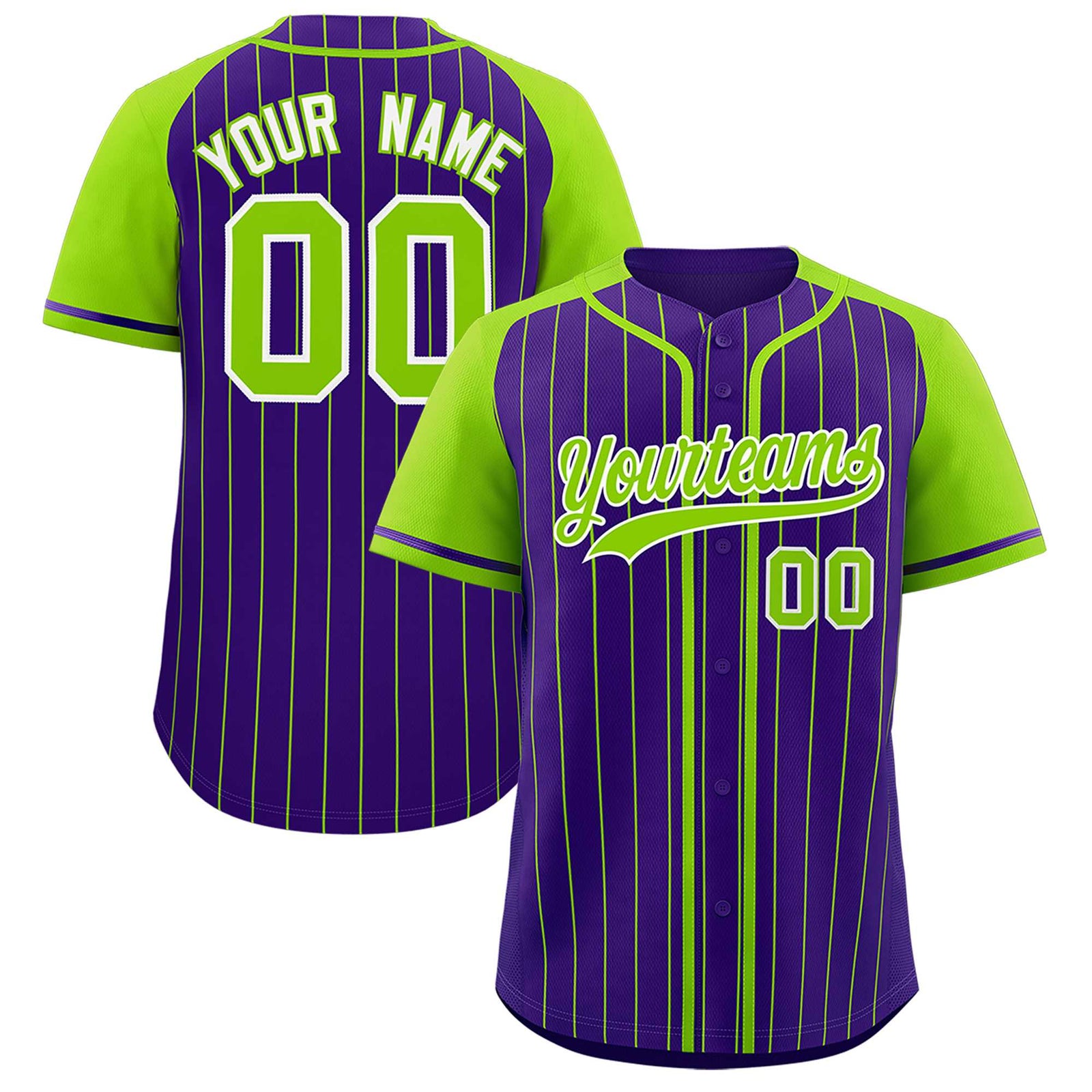 Custom Purple Neon Green Stripe Fashion Raglan Sleeves Authentic Baseball Jersey