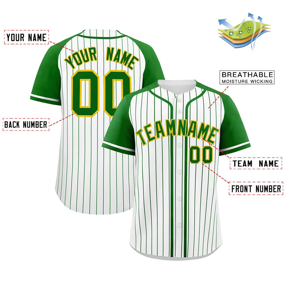 Custom White Kelly Green Stripe Fashion Raglan Sleeves Authentic Baseball Jersey