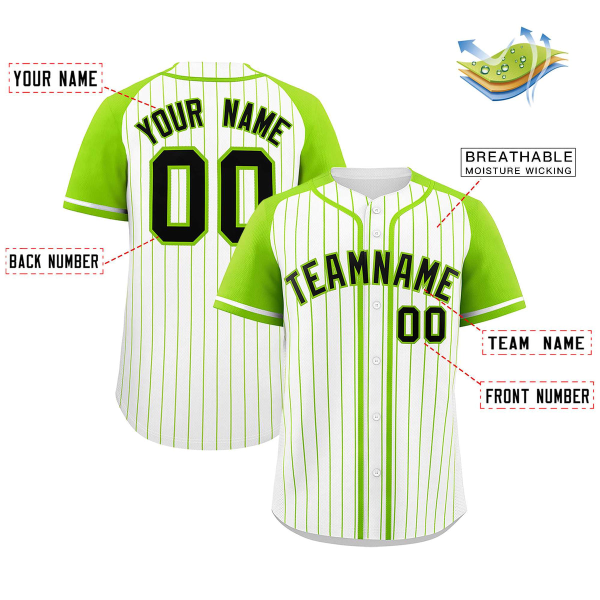 Custom White Neon Green Stripe Fashion Raglan Sleeves Authentic Baseball Jersey