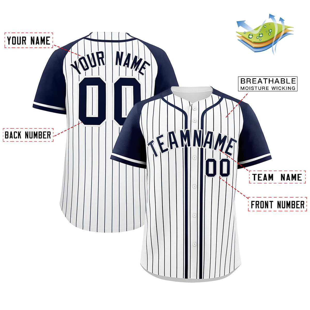 Custom White Navy Stripe Fashion Raglan Sleeves Authentic Baseball Jersey