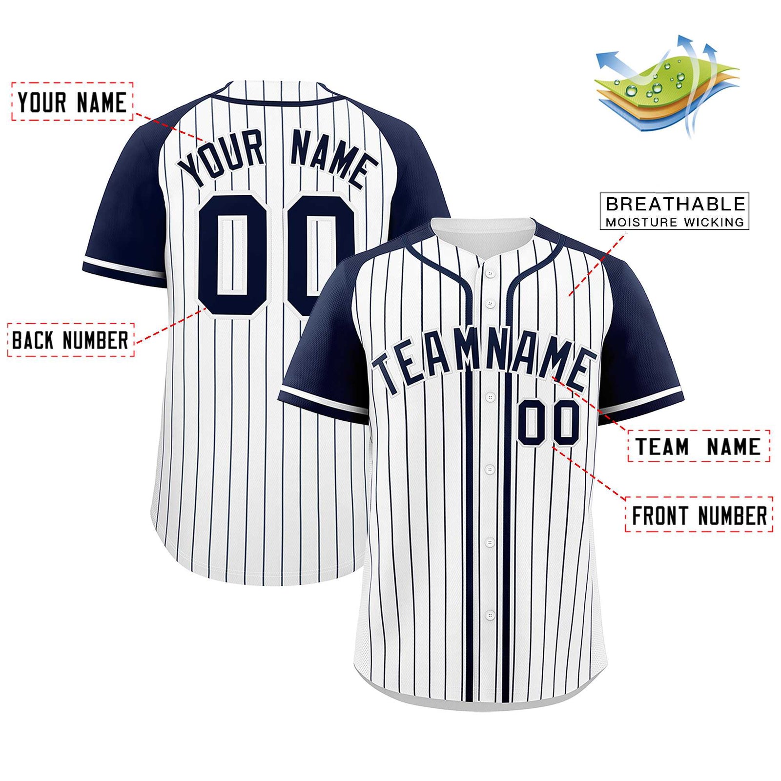 Custom White Navy Stripe Fashion Raglan Sleeves Authentic Baseball Jersey