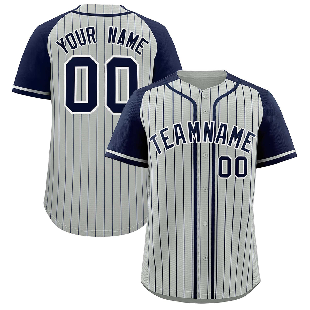Custom Gray Navy Stripe Fashion Raglan Sleeves Authentic Baseball Jersey