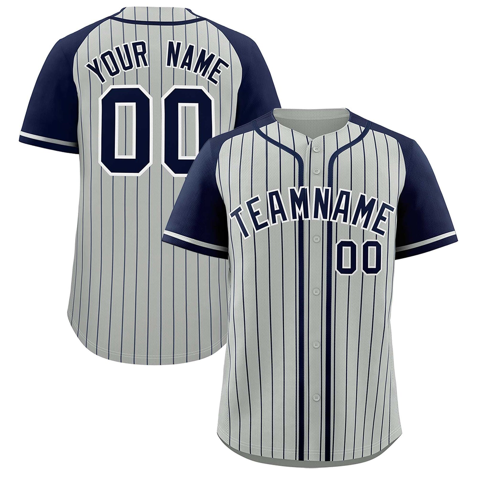 Custom Gray Navy Stripe Fashion Raglan Sleeves Authentic Baseball Jersey