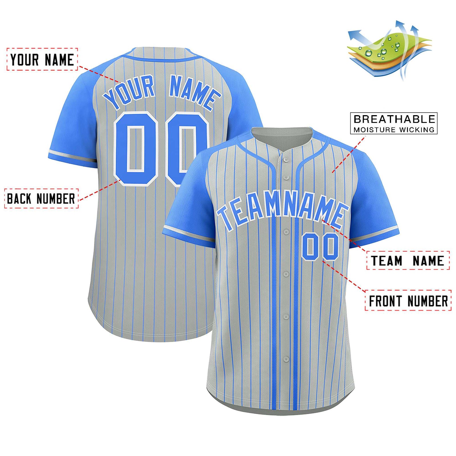 Custom Gray Powder Blue Stripe Fashion Raglan Sleeves Authentic Baseball Jersey