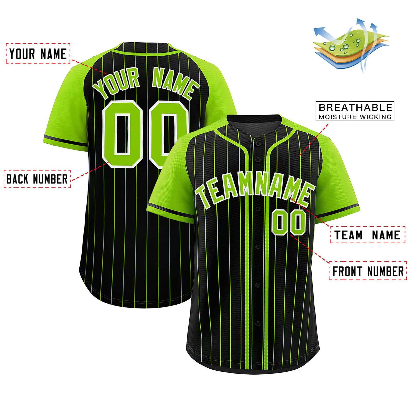 Custom Black Neon Green Stripe Fashion Raglan Sleeves Authentic Baseball Jersey